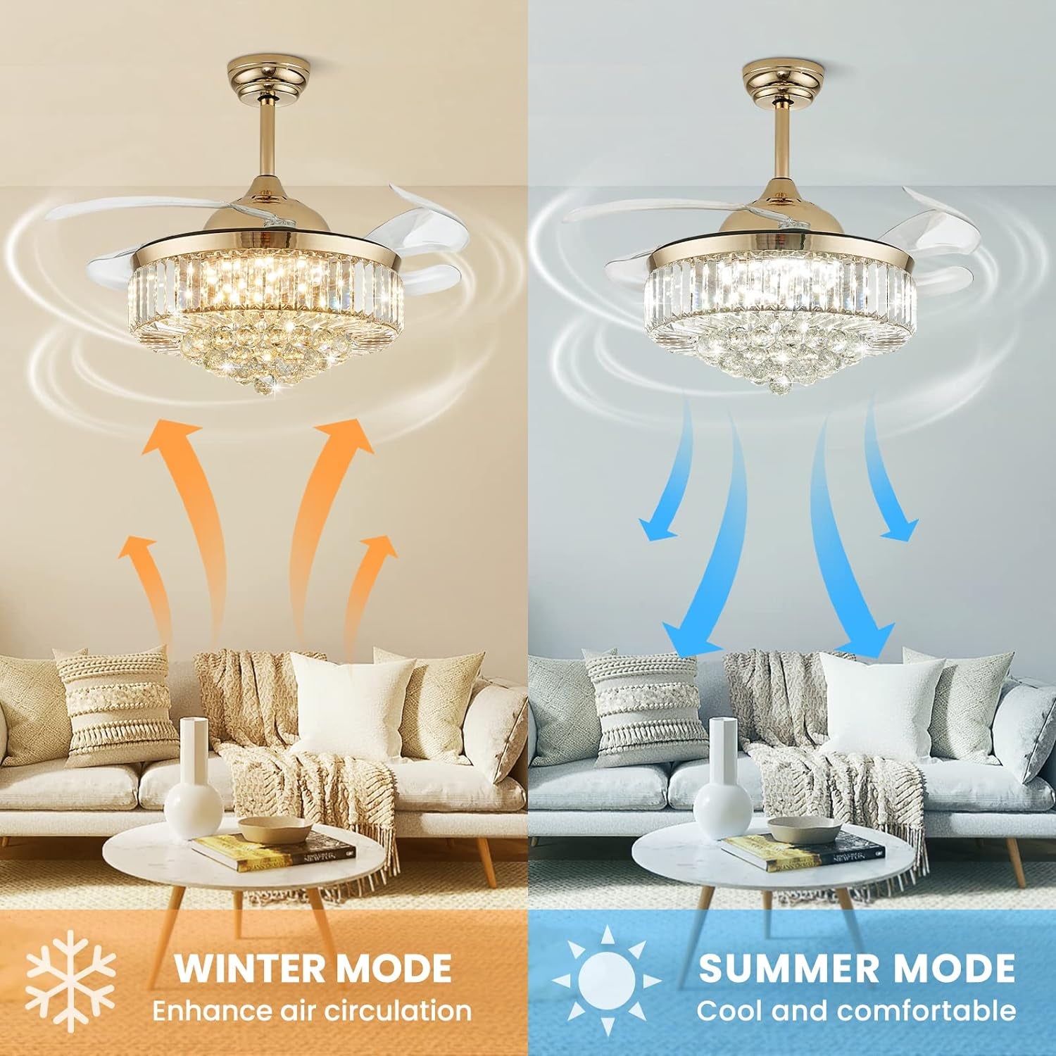 42 Inch Fandelier, Chandelier Fan with Light Remote Control, Crystal Ceiling Fan Gold Fandeliers Ceiling Fans LED Dimmable for Bedroom Living Room