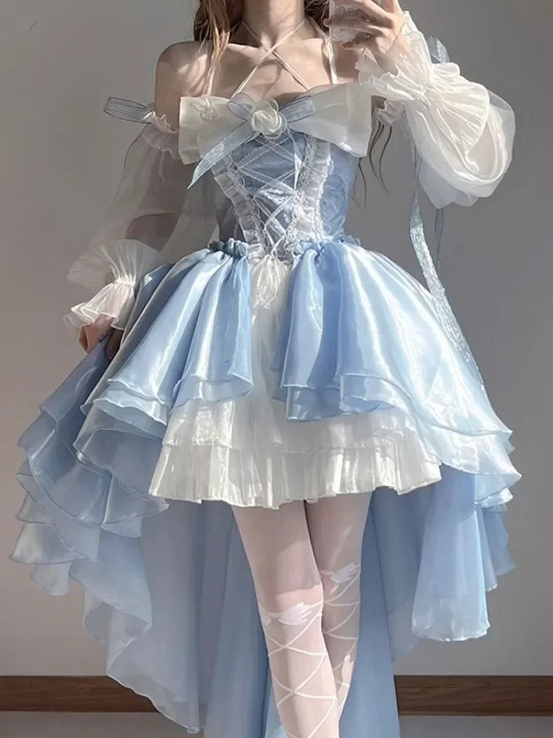 Blue Lolita Hanging Neck Strapless Dress Women Front Short and Back Long Vestidos Large Bow Flower Princess Dress Women