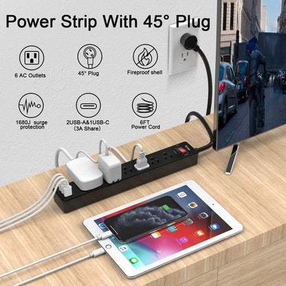 6Ft Power Strip Surge Protector -  Extension Cord with 6 AC Outlets and 3 USB Ports for for Home, Office, Dorm Essentials, 1680 Joules, ETL Listed, (Black)