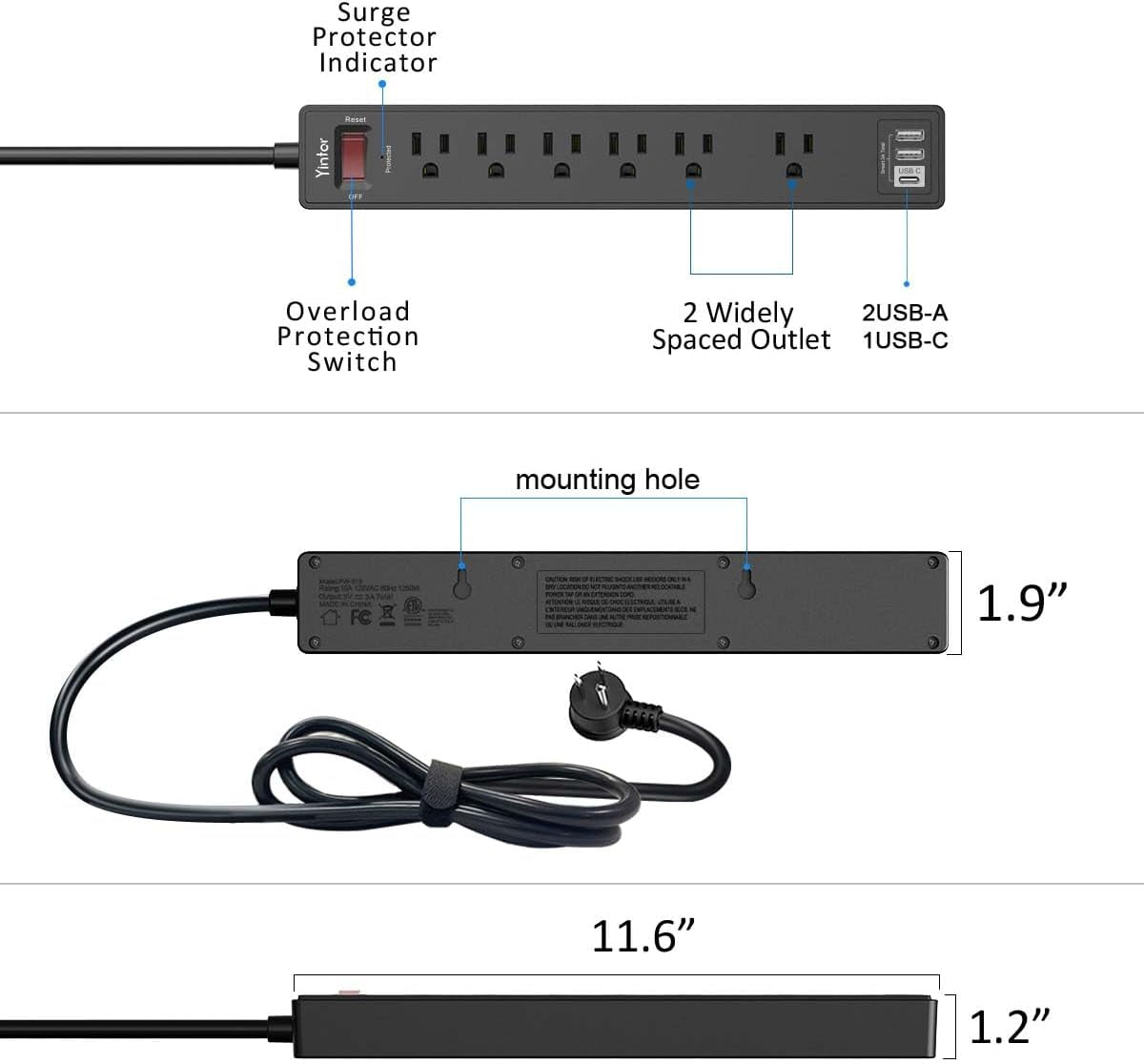 6Ft Power Strip Surge Protector -  Extension Cord with 6 AC Outlets and 3 USB Ports for for Home, Office, Dorm Essentials, 1680 Joules, ETL Listed, (Black)