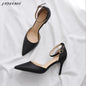 Silk Satin Mid Hollow High Heels Pointed Toe Sexy Single Shoes Thin Heel One-Word Buckle Women Shoes Small Size Lady Pumps 32 33