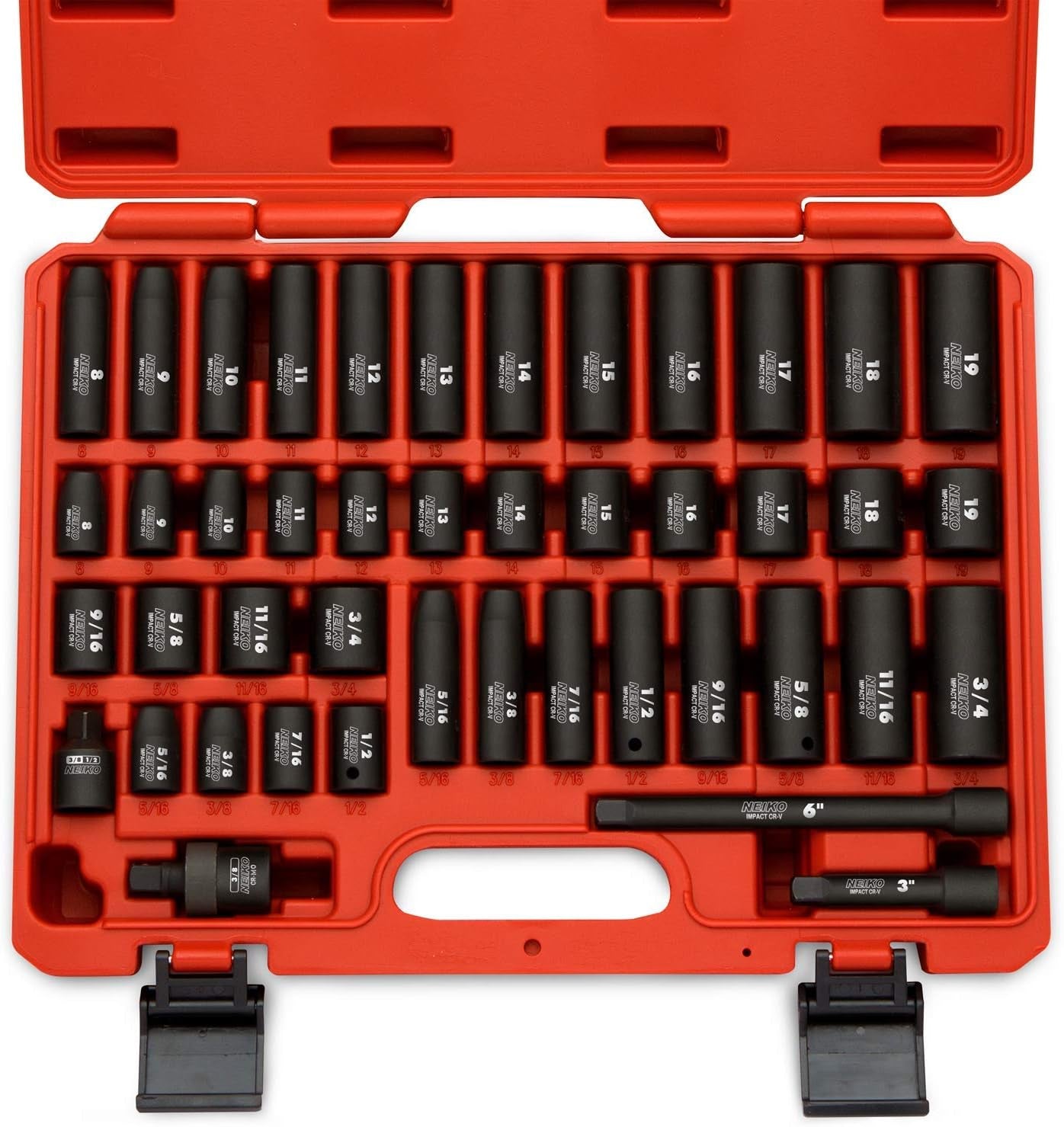 02440A 3/8-Inch-Drive Impact Socket Set, SAE Sizes 5/16" to 3/4" and Metric Sizes 8 Mm to 19 Mm, Includes Extension Bars and U-Joint, 44 Pieces