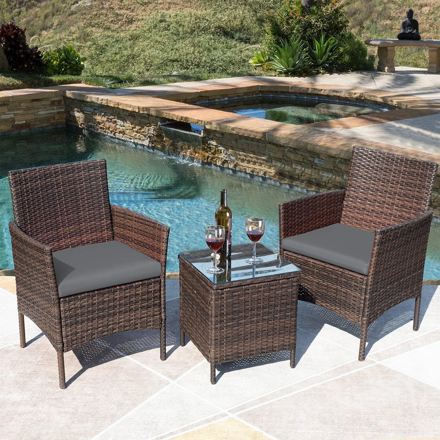 3 Pieces Patio Furniture Sets Outdoor PE Rattan Wicker Chairs with Soft Cushion and Glass Coffee Table for Garden Backyard Porch Poolside, Brown and Gray