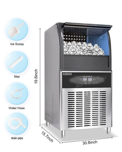 Commercial Ice Maker Machine, 90Lbs/24H under Counter Ice Machine with 34Lbs Storage Ice Bin, Stainless Steel Small Ice Maker Ideal for Home Coffee Shop Bars and Restaurant