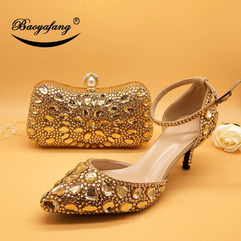 Champagne Golden Crystal Women Wedding Shoes with Matching Bags Rhinestone High Heels Ankle Strap Shoes Women Party Dress Shoes