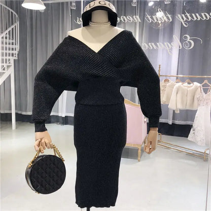 Autumn Bling Knitted 2 Piece Set Women Lantern Sleeve V Neck Sweater Elastic Waist Knitted Skirt Female Sweater Suit 2019