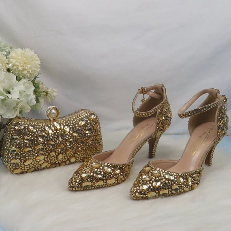 Champagne Golden Crystal Women Wedding Shoes with Matching Bags Rhinestone High Heels Ankle Strap Shoes Women Party Dress Shoes