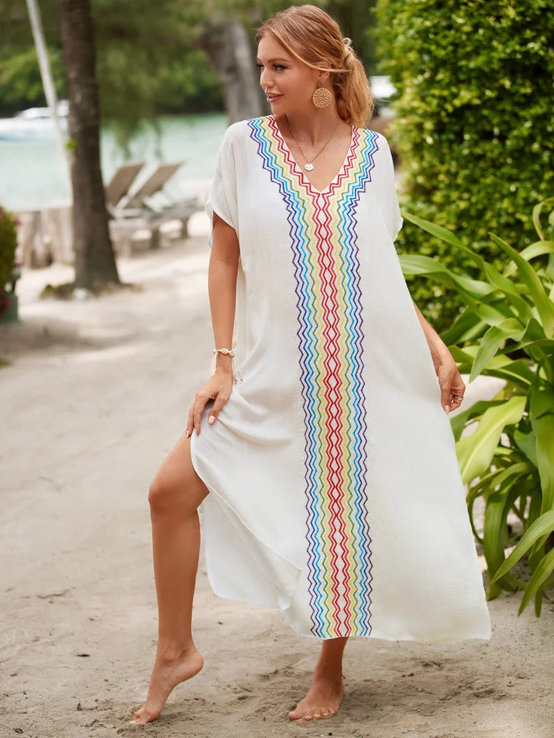 Beach Cover Ups Rainbow Wave Embroideried Kaftans for Women V Neck Short Sleeve Maxi Beach Dresses Summer Holiday Bathing Suits