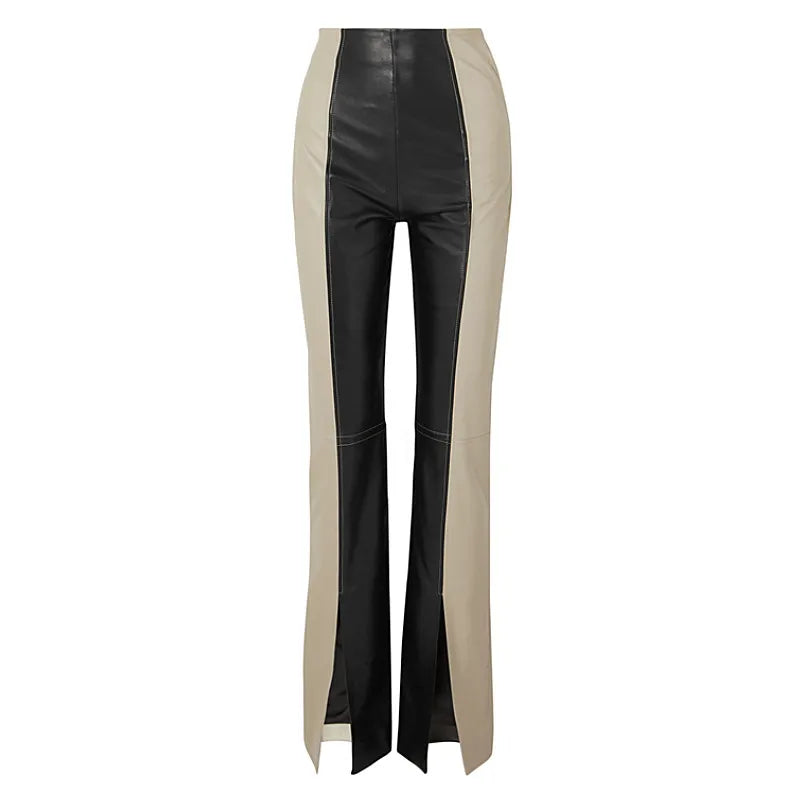 Can Fit 200Cm Height Fashion Full Length Hit Color Leather Pants Spring Female High Quality Split Design Pu Leather Pants F840
