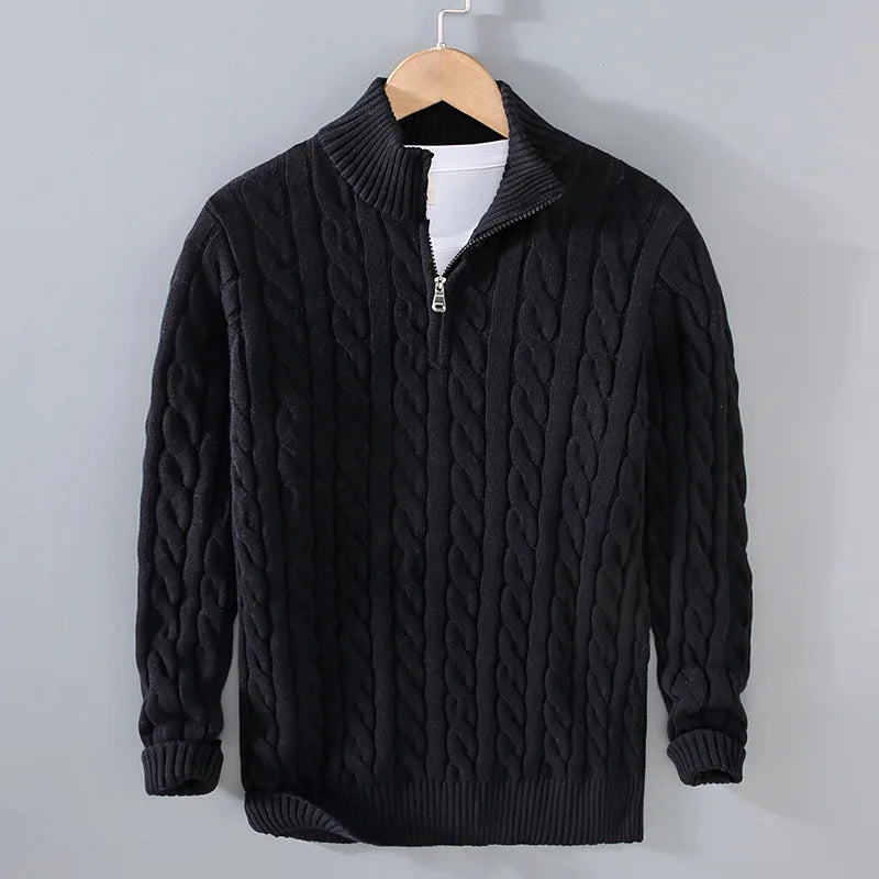 Autumn Winter New Men Pullover Sweater Men'S Stand Collar Half Zip Cotton 100% Thickened Knit Solid Color High Street Clothes
