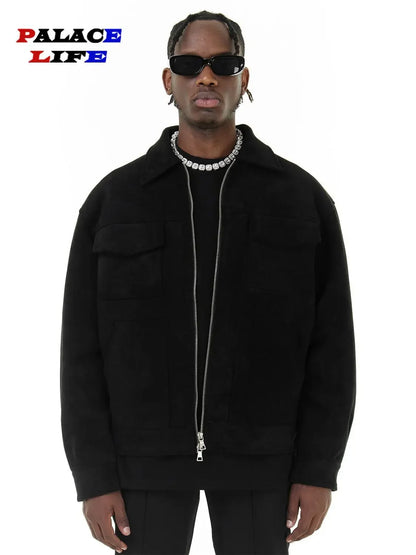 Winter Men'S Vintage Jacket Coats High Street Suede Material Crock Jackets with Zipper Lapel Loosed Casual Short Jacket for Men