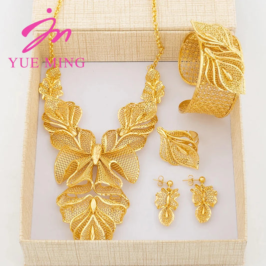 Tassel Gold Color Jewelry Sets For Women Bridal Flower Necklace Earrings Bangles Adjustable Rings Dubai Nigeria Wedding Jewelry