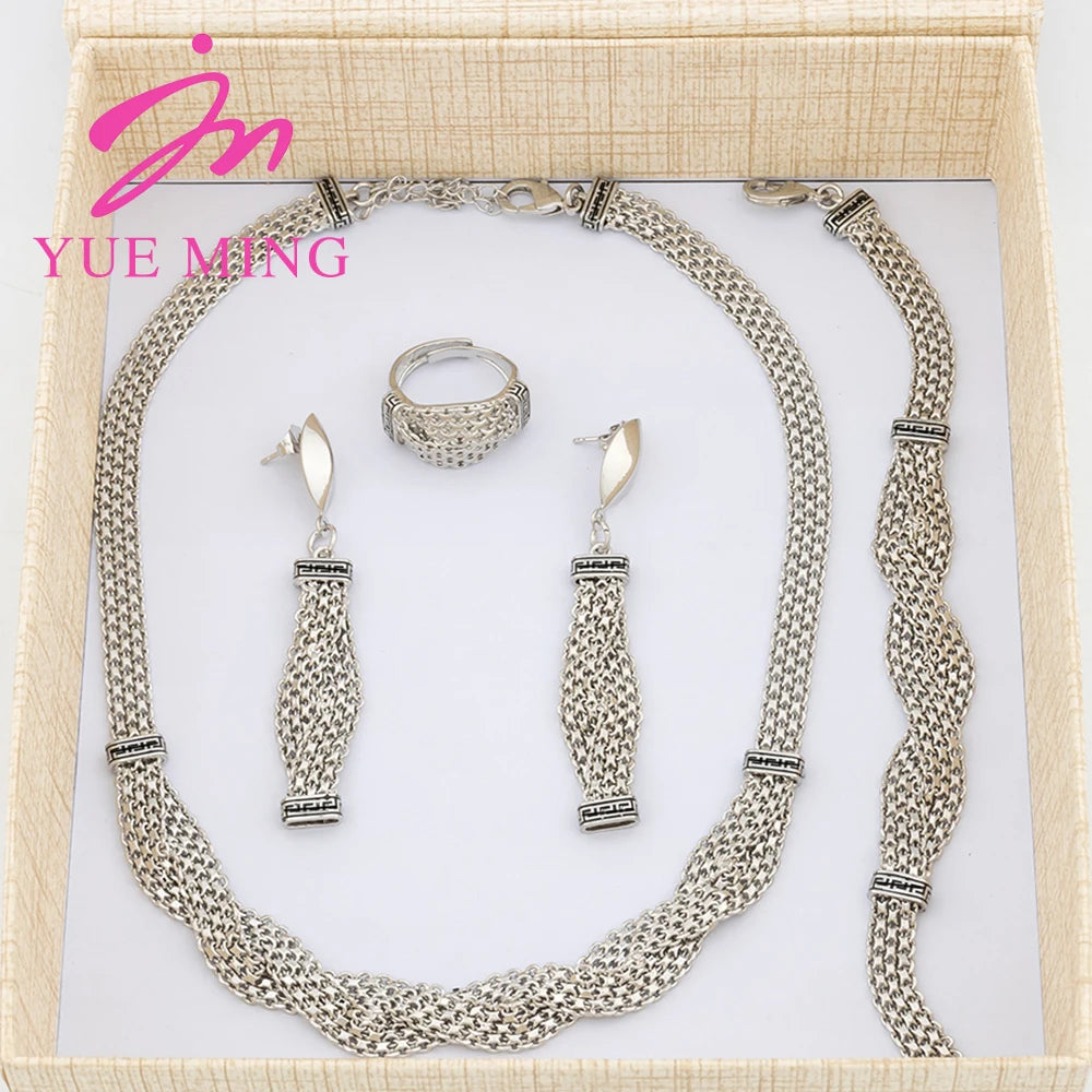 YM Gold Color Jewelry Sets Choker Necklace Bracelet Ring Earrings for Women Weave Chain Fashion Waterproof Jewelry Gifts Party
