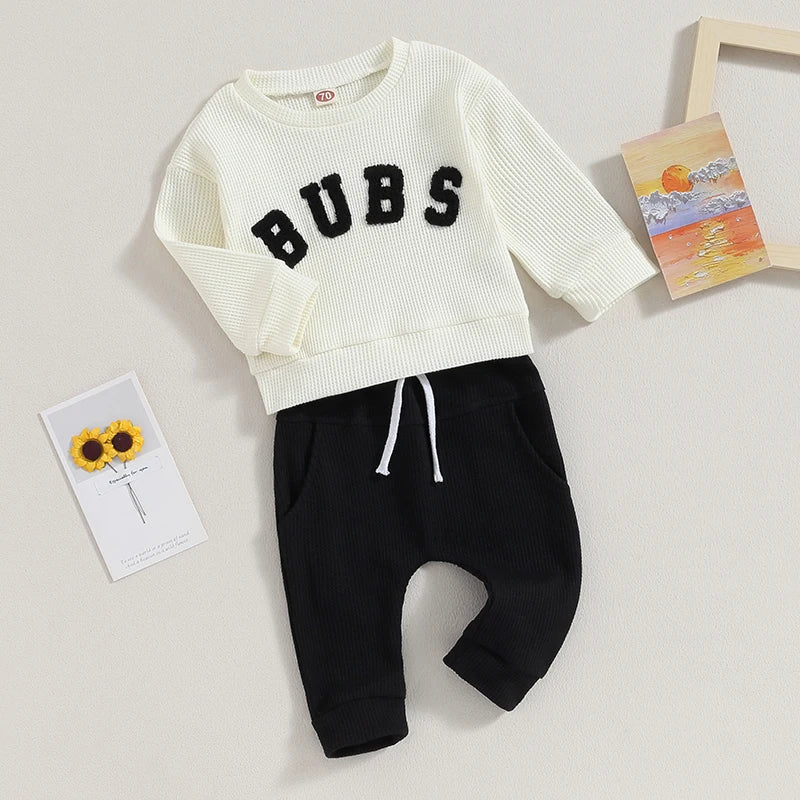 2023-07-17 Lioraitiin 0-3T Toddler Boys 2PCS Pants Sets Long Sleeve Letter Embroidery Tops and Drawstring Pants Sets