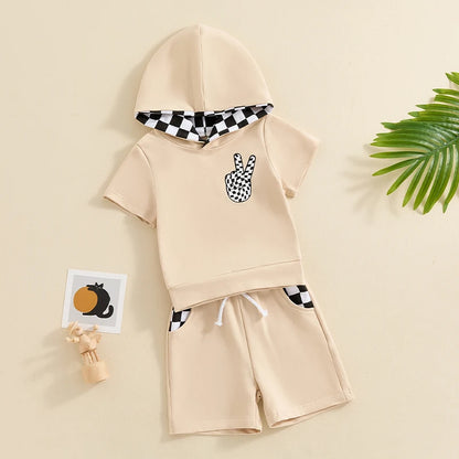 2024-03-26 Lioraitiin 6M-4Y Toddler Baby Boy Outfit Short Sleeve Gesture Print Hood T-Shirt with Elastic Waist Shorts 2Pcs Set