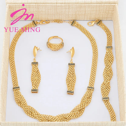 YM Gold Color Jewelry Sets Choker Necklace Bracelet Ring Earrings for Women Weave Chain Fashion Waterproof Jewelry Gifts Party