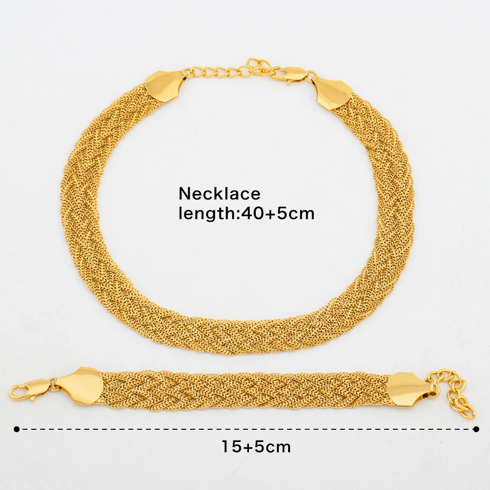 18k Gold Color Jewelry Set for Women African Dubai Choker Necklace and Bracelet 2Pcs Set for Engagement Party Accessories