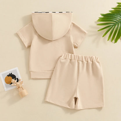2024-03-26 Lioraitiin 6M-4Y Toddler Baby Boy Outfit Short Sleeve Gesture Print Hood T-Shirt with Elastic Waist Shorts 2Pcs Set