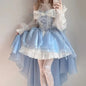 Blue Lolita Hanging Neck Strapless Dress Women Front Short and Back Long Vestidos Large Bow Flower Princess Dress Women