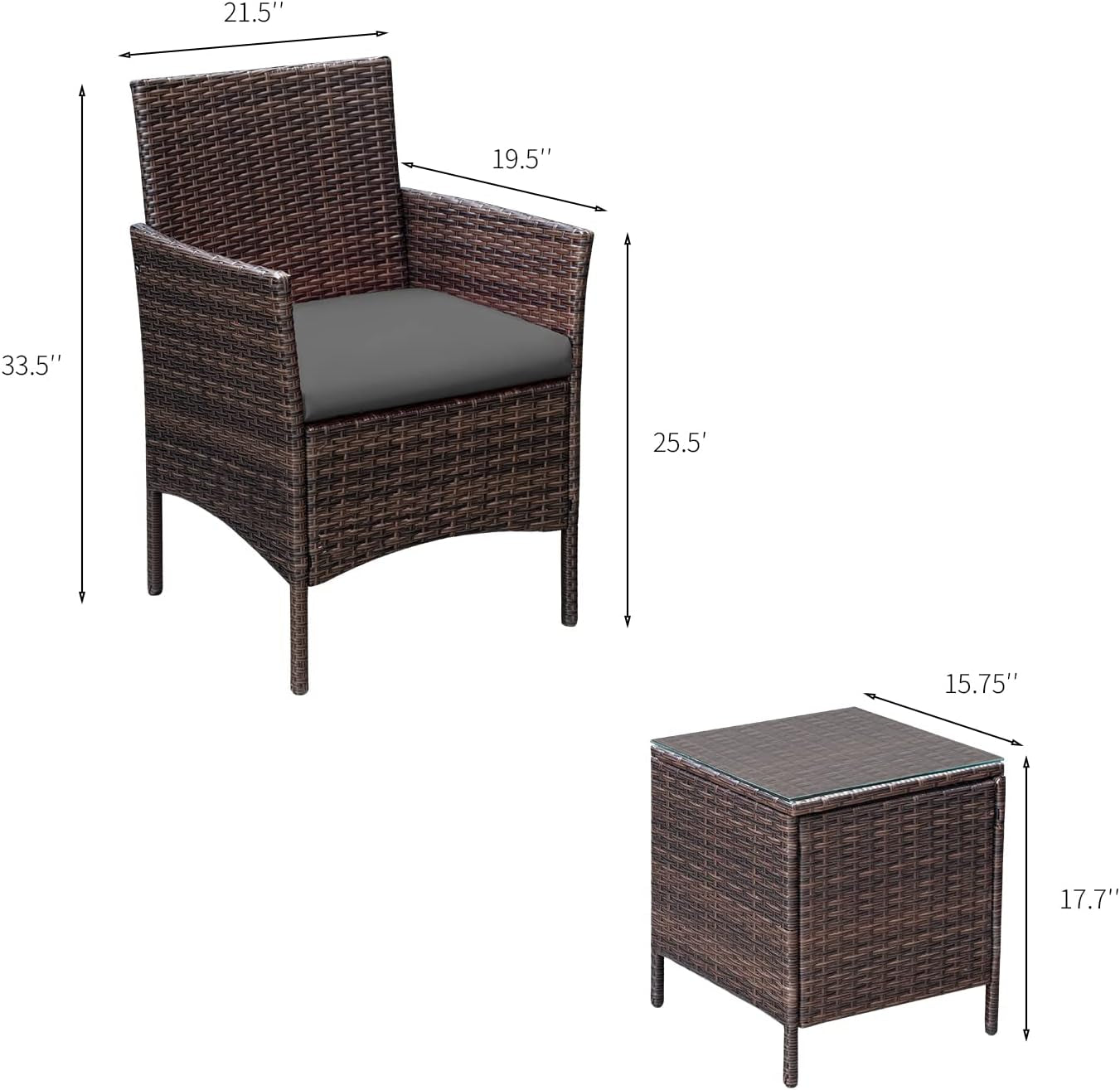 3 Pieces Patio Furniture Sets Outdoor PE Rattan Wicker Chairs with Soft Cushion and Glass Coffee Table for Garden Backyard Porch Poolside, Brown and Gray