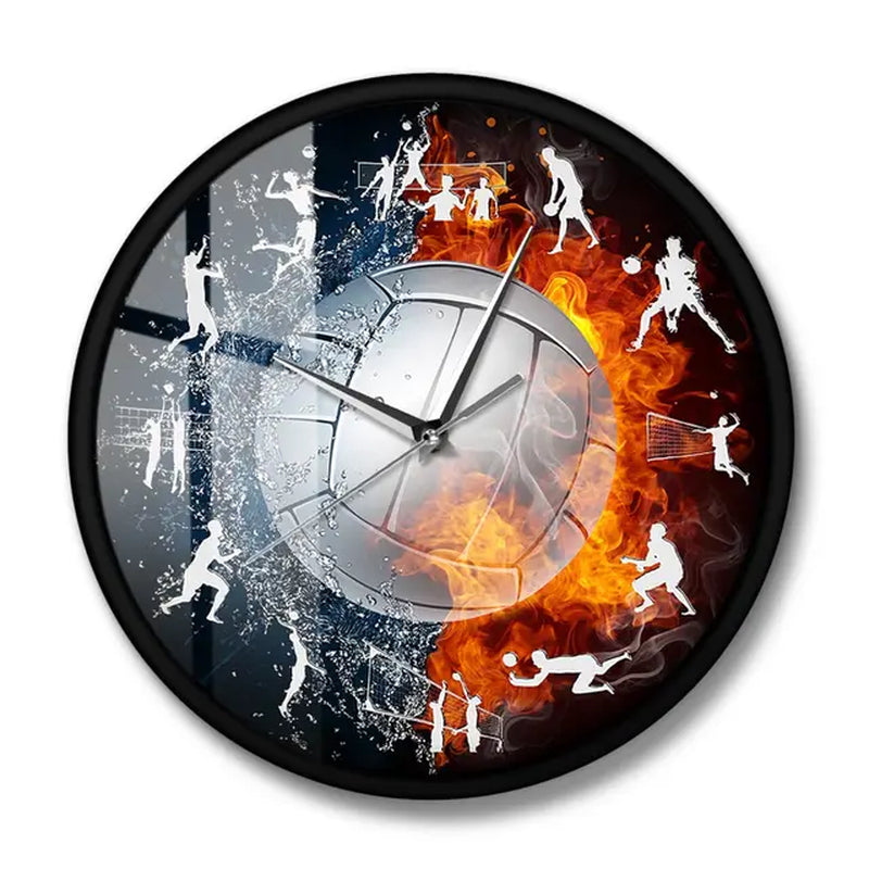 Fire and Water Volleyball Ball Wall Clock Sport Game Living Room Art Decor Hanging Silent Swept Wall Watch Volleyball Team Gift