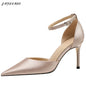 Silk Satin Mid Hollow High Heels Pointed Toe Sexy Single Shoes Thin Heel One-Word Buckle Women Shoes Small Size Lady Pumps 32 33