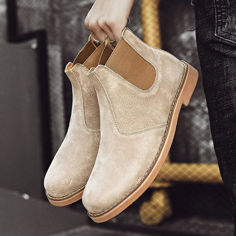 Chelsea Men Boots Pig Suede Leather Ankle Boot for Men Winter round Toe Flat Comfortable Shoe Daily Office Vintage Boots