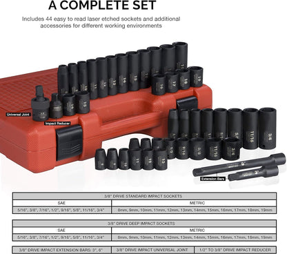 02440A 3/8-Inch-Drive Impact Socket Set, SAE Sizes 5/16" to 3/4" and Metric Sizes 8 Mm to 19 Mm, Includes Extension Bars and U-Joint, 44 Pieces