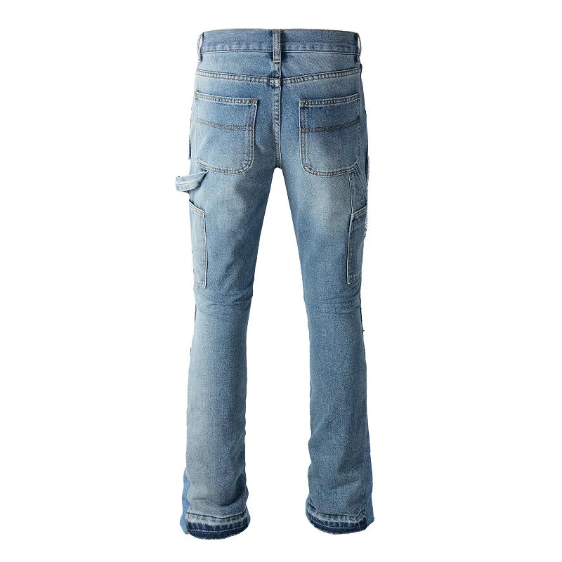 2024 New Arrivals Mens Blue Flare Splice Denim Pants Multiple Pockets Bootcut Spliced Streetwear Flared Jeans Men