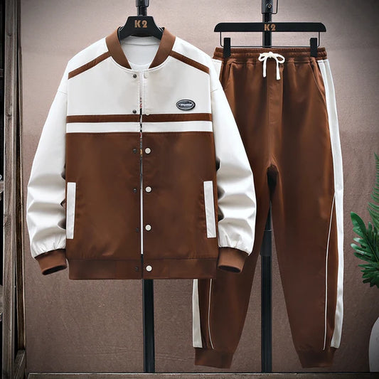 Spring Baseball Clothes Street Style Patchwork Men Jacket Set Contrast Color Zipper Long Sleeve Fashion Vintage Casual Harajuku