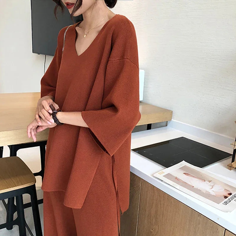 Aseven Knitted Suits Female Easing of Autumn New Fund Split Wide-Legged Pants Twinset Sweater Big Yards