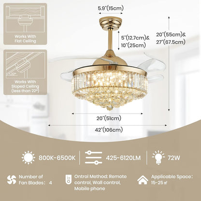 42 Inch Fandelier, Chandelier Fan with Light Remote Control, Crystal Ceiling Fan Gold Fandeliers Ceiling Fans LED Dimmable for Bedroom Living Room