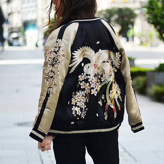 Women Men Sukajan Baseball Bomber Jacket Satin Phoenix Luxury Embroidery Coat Spring Japan Double Sided Streetwear