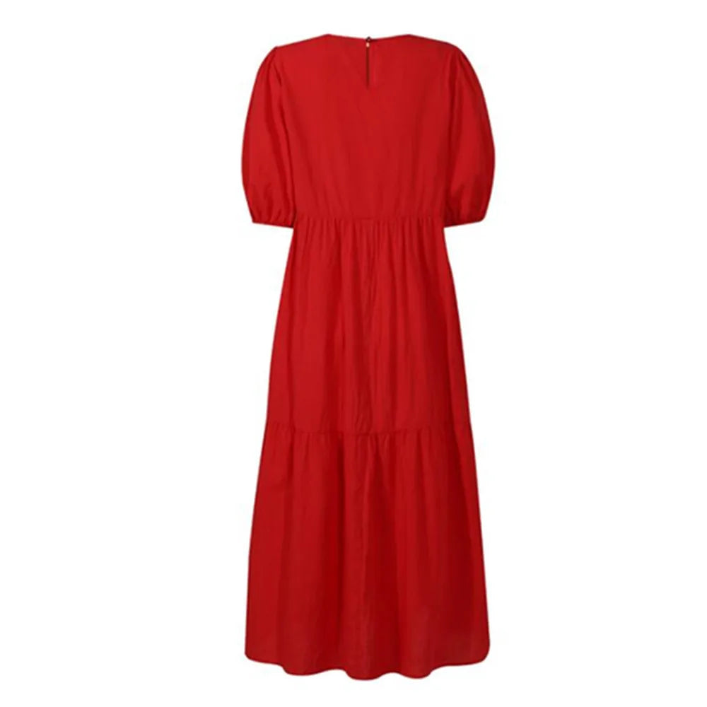 Boho Dress Women Summer Maxi Dress Lady Puff Sleeve Holiday Beach Linen Dress Casual Party Sundress Red Dress Vestidos De Mujer