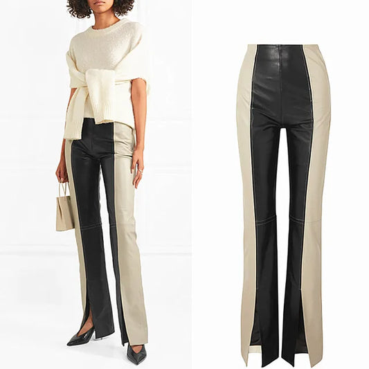 Can Fit 200Cm Height Fashion Full Length Hit Color Leather Pants Spring Female High Quality Split Design Pu Leather Pants F840